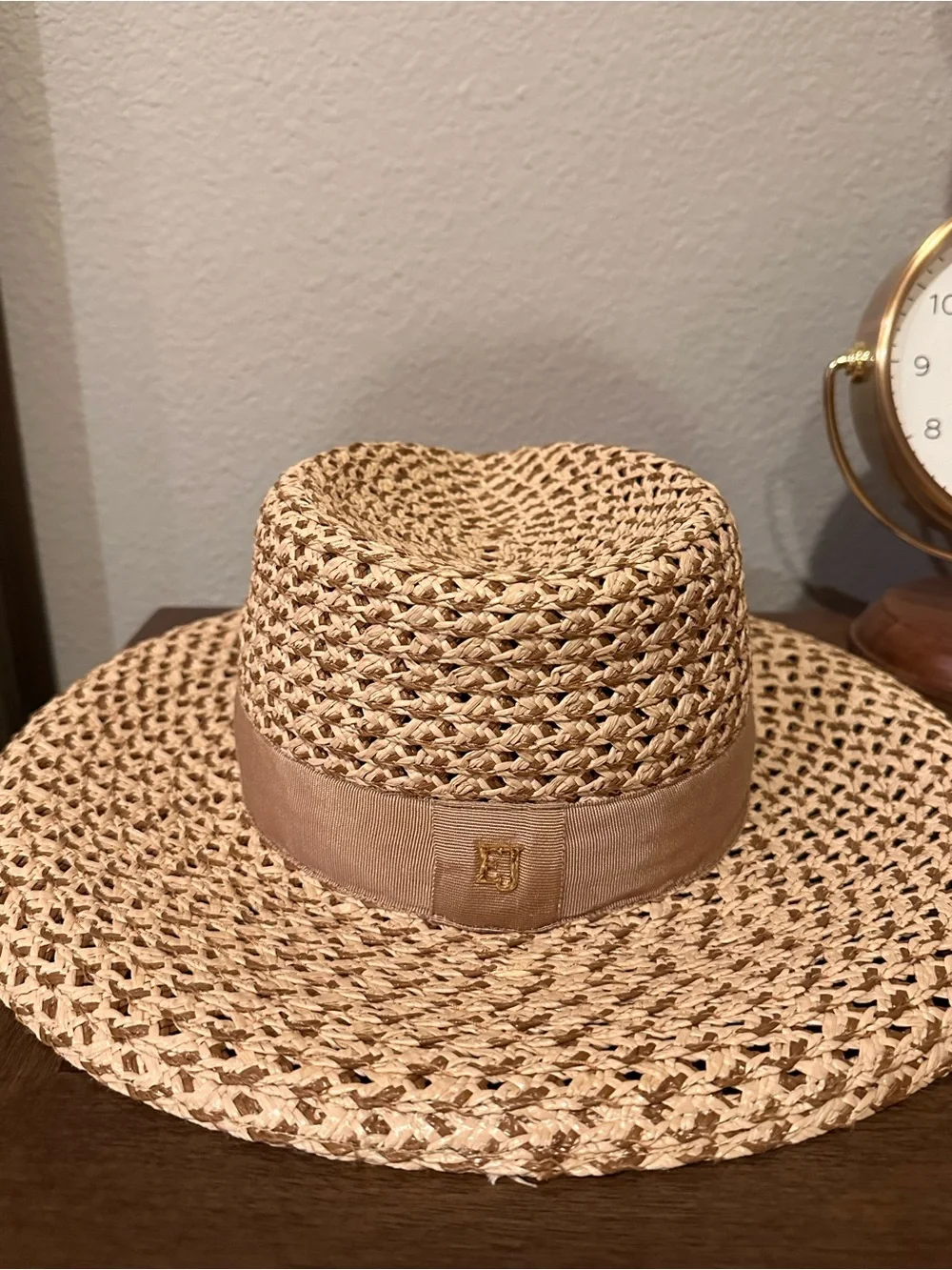 Eric Javits Natural Straw Wide Brim Hat with Tan Band